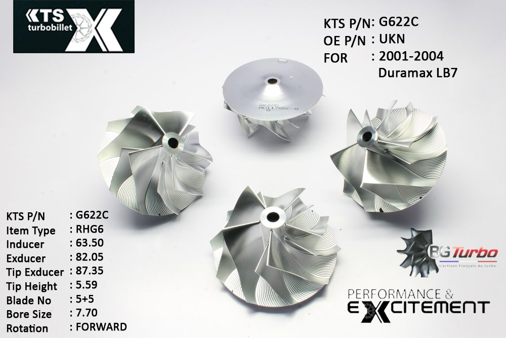 Turbo ROUE FORGÉE MFS PERFORMANCE - 5+5 PALES - INDUCER : 63,5 - EXDUCER : 82,05 - TYPE : RHG6ANGLE : 45° - ROTATION : Forward - SUPER BACK : 5,36 - BORE SIZE : 7,7
